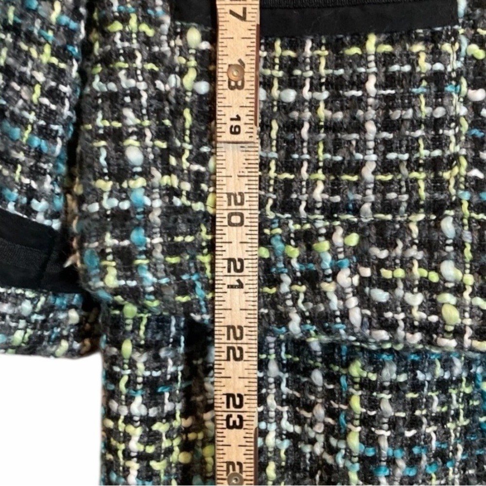 SANDRO ✘ Preppy Turquoise Black Tweed Jacket Midi Skirt Suit 2 Pc Set Office, L - Picture 9 of 12